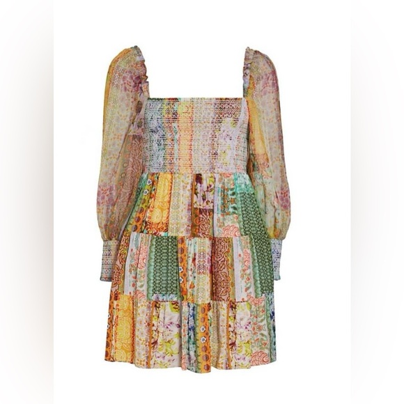 Alice + Olivia Rowen Puff Sleeve Tiered Skirt Tunic Chiffon Mini Dress - Picture 9 of 16
